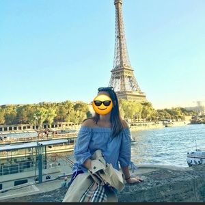 TOPSHOP off the shoulder blue white striped top